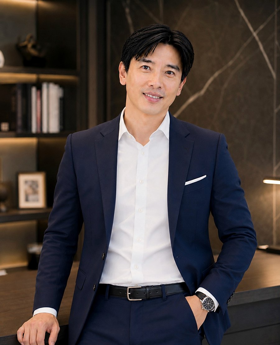 Dato Seri Ivan Teh, founder and Group CEO of Fusionex, photographed in a navy suit in a study